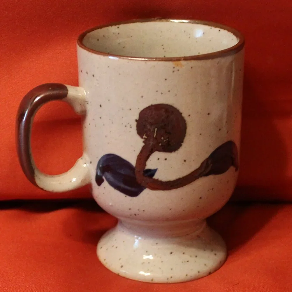 Vintage Hand Painted Fred Roberts Co. Ceramic Mug Orange, Blue & Brown Set 4